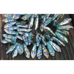 Korálky z českého skla barvy pavího peří, tyrkysové, lesklé, metalický vzhled oválné, rozměry 16 mm x 5 mm 30 kusů