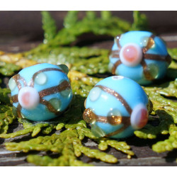 Neprůhledné Tyrkysová Zlatá Květina Vinuté Perle Grace Lampwork Korálky Pár české Ručně vyráběné Skleněné Korálky SRA Řemeslník