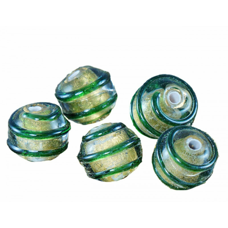 Pevné zlato 24k Lampwork zelené pruhované české sklo Ručně vyráběné kulaté korálky pár Sra Artisan Set 10mm 2ks