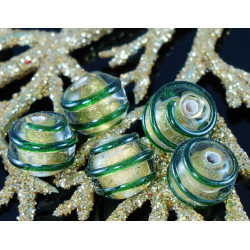 Pevné zlato 24k Lampwork zelené pruhované české sklo Ručně vyráběné kulaté korálky pár Sra Artisan Set 10mm 2ks