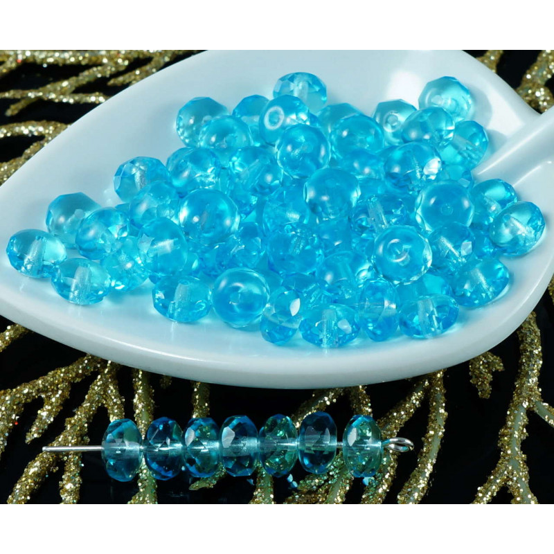 Aqua Modrá Tyrkysová Jasné české Skleněné Plošky Rondelle Korálky Rondelles Oheň Leštěný Donut 7mm x 4mm 26pcs