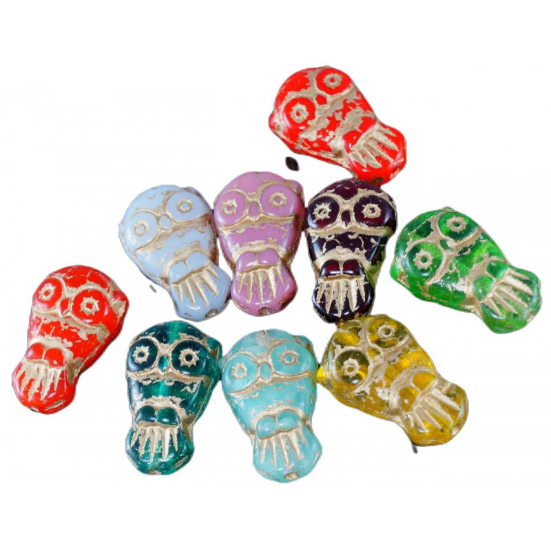 Korálky z českého skla ve tvaru sovy zvířecí motiv mix barev zlaté detaily Halloween rozměry 18 mm x 11 mm 10 kusů