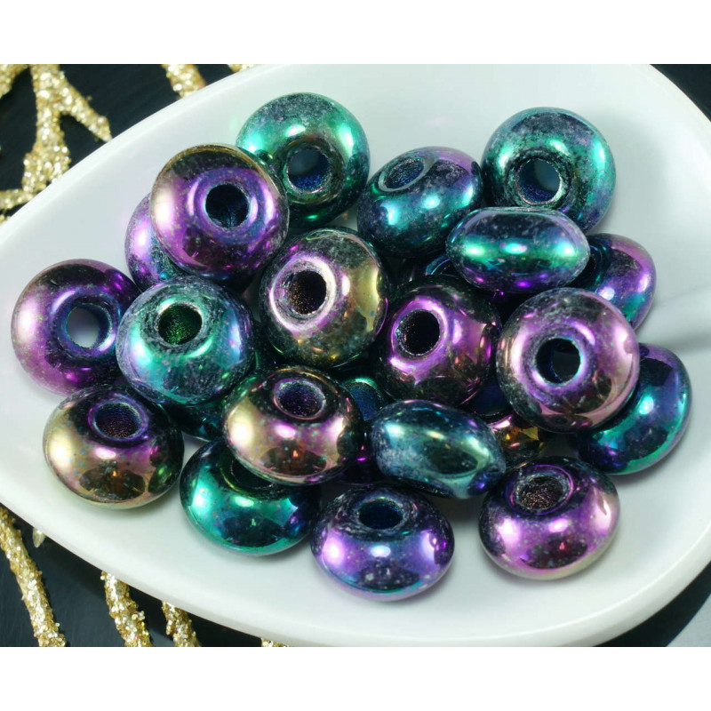 Neprůhledné Metallic Iris české Sklo Velký Otvor Prsten Korálky Pony Vrána Válec 11 mm x 6 mm 12ks