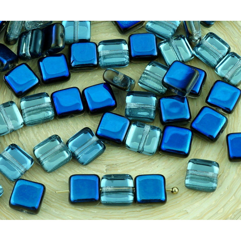 40pcs Crystal Metallic Blue Azure Půl Dlaždice Jeden Otvor Plochý Čtverec české Skleněné Korálky 6mm