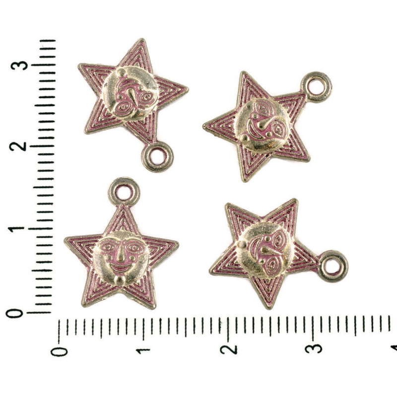 Kovový přívěsek ve tvaru hvězdy starožitný stříbrný vzhled patina oboustranný, rozměry 13 mm x 16 mm 10 kusů