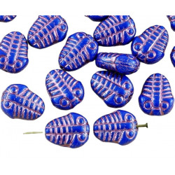 Tvarované korálky neprůhledné, modré, růžová patina tvar trilobita zkameněliny fosílie 10 mm x 8 mm 6 kusů