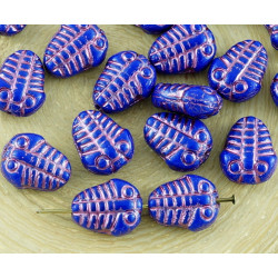 Tvarované korálky neprůhledné, modré, růžová patina tvar trilobita zkameněliny fosílie 10 mm x 8 mm 6 kusů