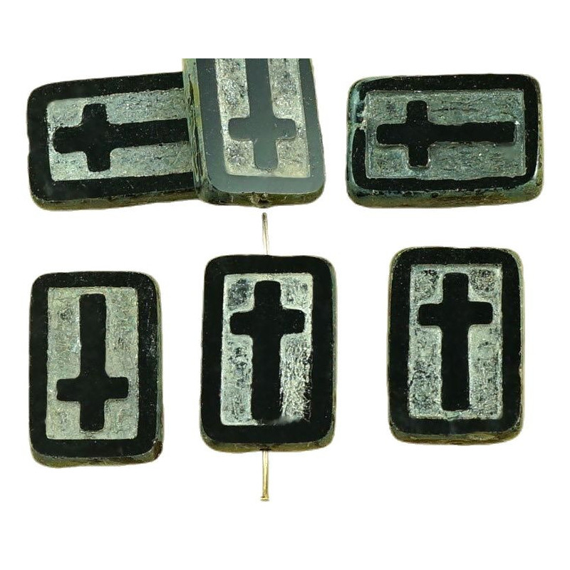 Hranaté obdélníkové korálky z českého skla patina kříž, krucifix náboženský symbol rozměry 11mm x 17mm