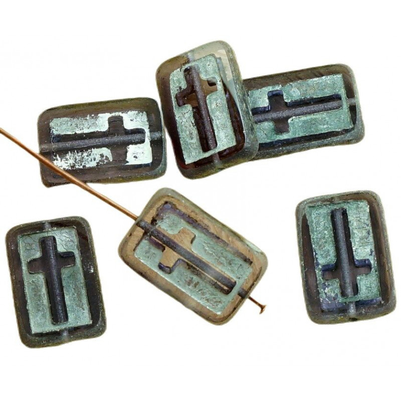 Hranaté obdélníkové korálky z českého skla patina kříž, krucifix náboženský symbol rozměry 11mm x 17mm 4 ks