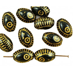 Oválné korálky matné, neprůhledné, černé, zlaté detaily egyptské oko talisman rozměry 13 mm x 9 mm 8 kusů