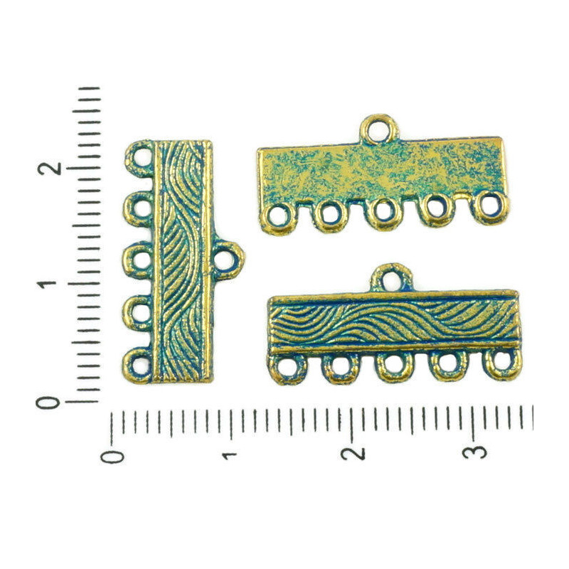 Náušnicové ramínko starožitný zlatý vzhled patina obdélníkové, s šesti očky konektor náušnice 21 mm x 10 mm 12 kusů