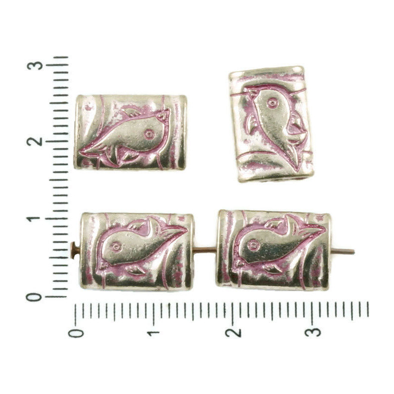 Hranaté korálky stříbrný starožitný vzhled patina vypouklé, motiv ryby oboustranné, rozměry 15 mm x 10 mm 8 kusů