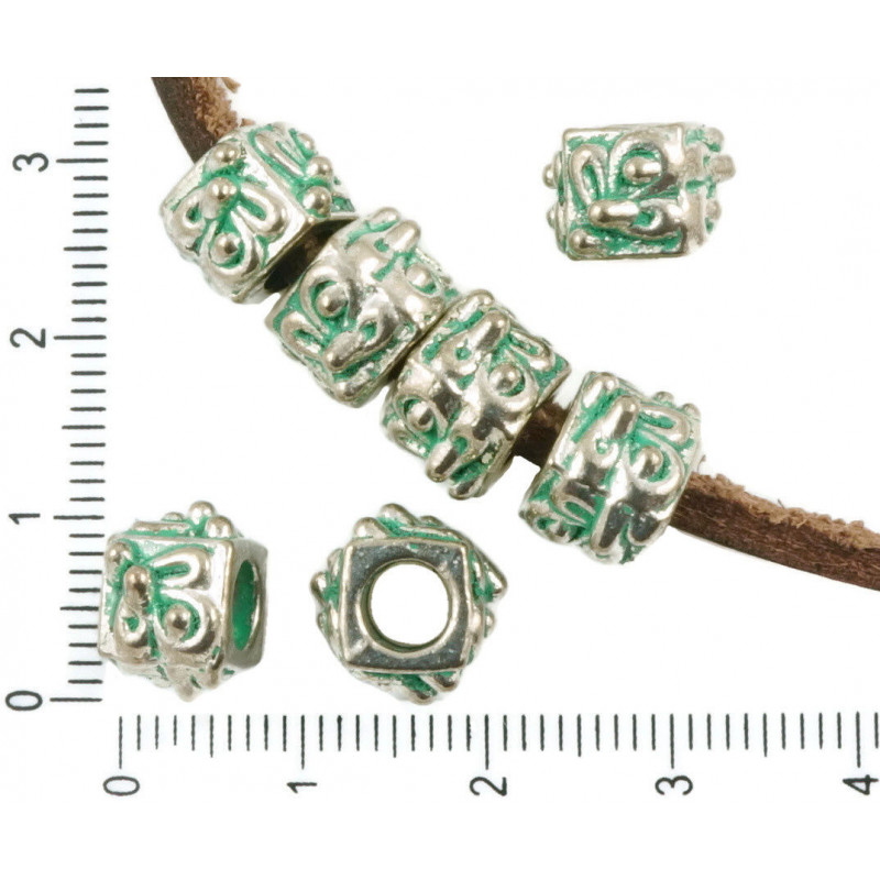 Kovové hranaté korálky stříbrný starožitný vzhled patina s velkou dírkou Pandora styl květinový motiv 7 mm x 11 mm 6