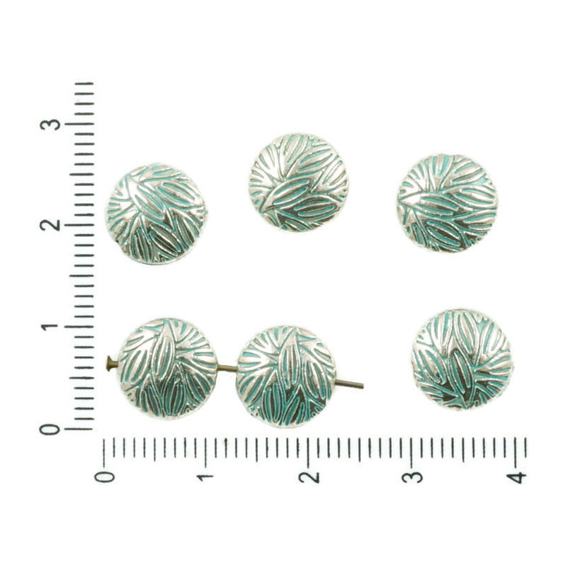 Kulaté ploché korálky starožitný stříbrný vzhled patina motiv lístků, oboustranné, rozměry 10 mm x 5 mm 10 kusů