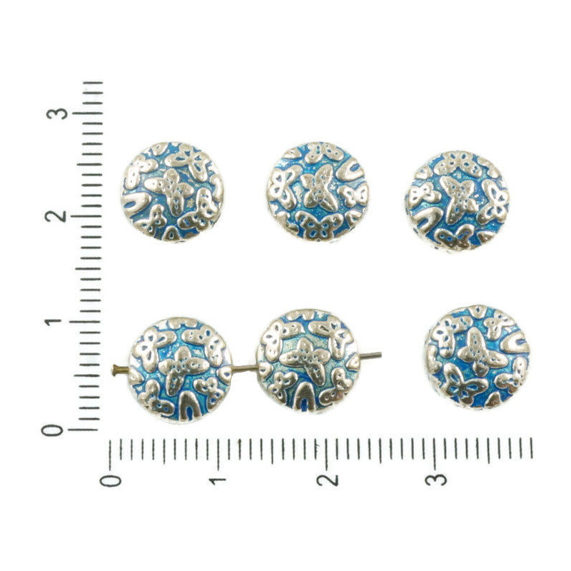 Kovové korálky ploché, kulaté, starožitný stříbrný vzhled patina motiv motýlů, oboustranné, rozměry 10 mm x 5 mm 8 kusů