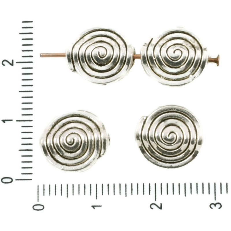 Oboustranné ploché korálky stříbrný starožitný vzhled kulaté - tvar ulity šneka spirály průměr 12 mm 10 kusů