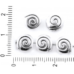 Oboustranné ploché korálky neprůhledné, stříbrný starožitný vzhled kulaté - tvar ulity šneka spirály 9mm x 4mm 12 kusů