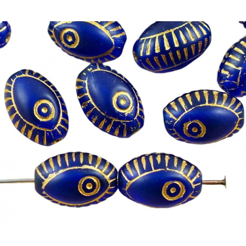 Oválné korálky matné, neprůhledné, zlaté detaily egyptské oko talisman rozměry 13 mm x 9 mm 8 kusů