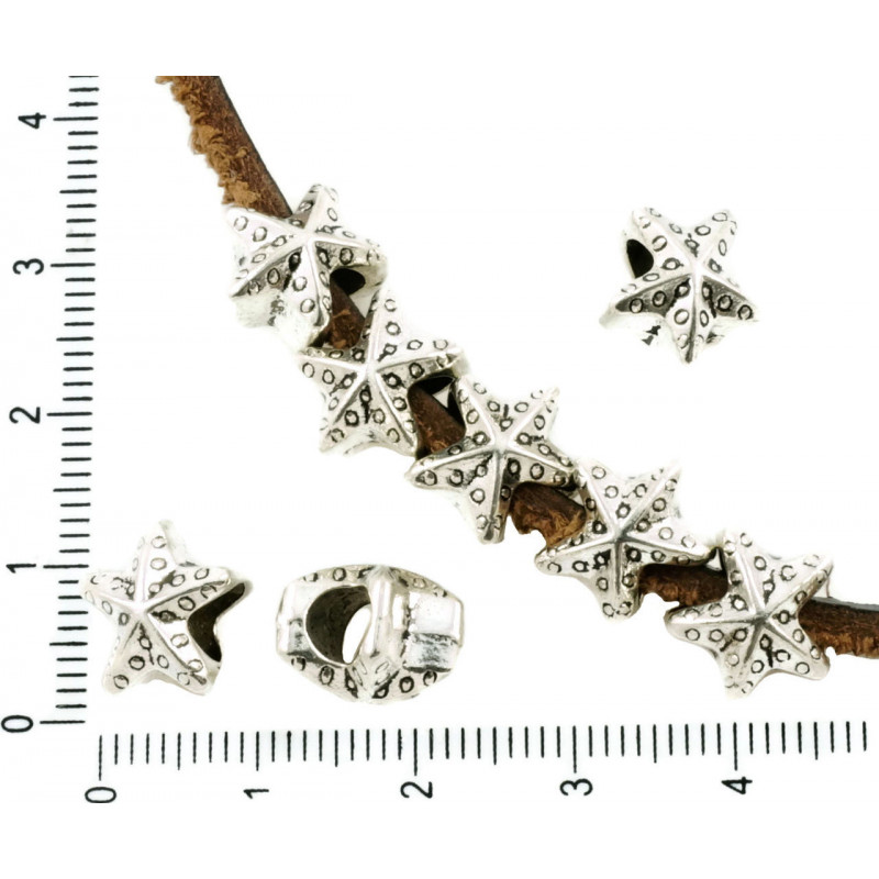 Kovové korálky stříbrný starožitný vzhled s velkou dírkou Pandora styl tvar hvězdice 11mm x 9mm 8 kusů