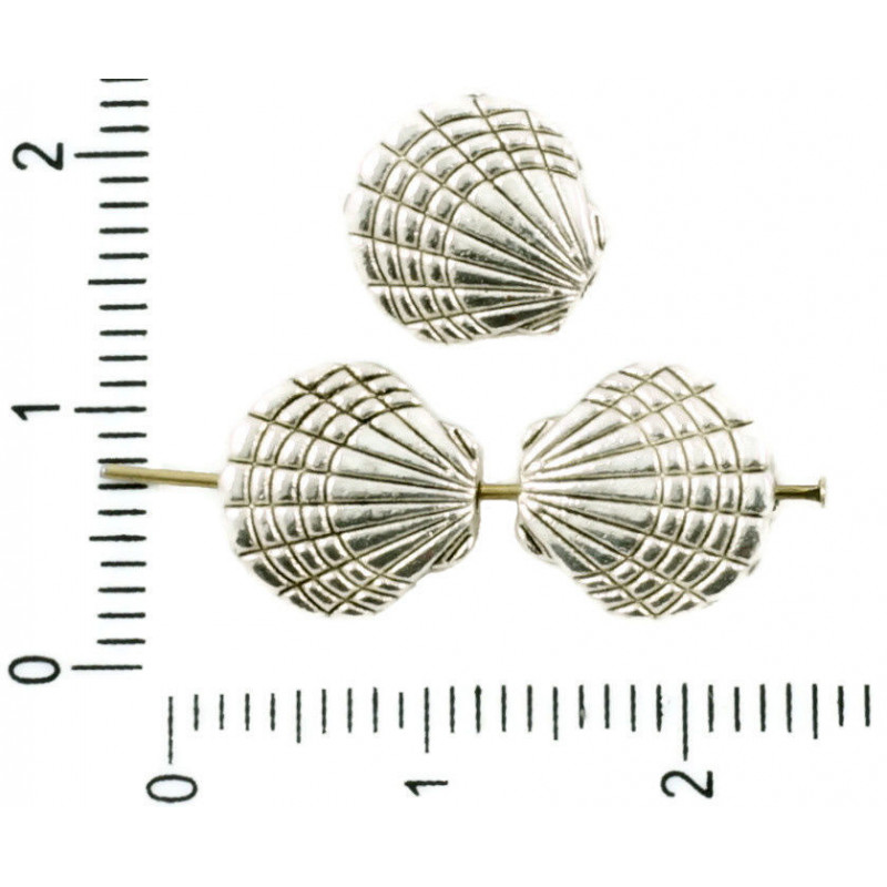 Oboustranné ploché korálky stříbrný starožitný vzhled tvar mušle hránkované, rozměry 10 mm x 3 mm 12 kusů