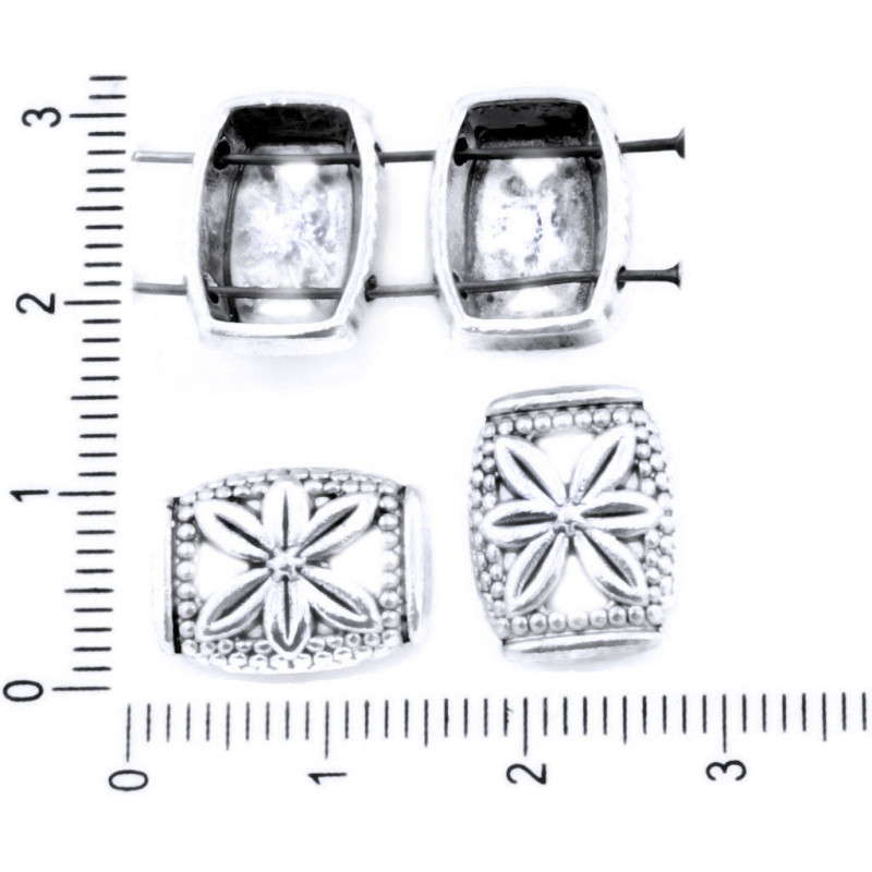 Hranaté korálky obdélníkové, stříbrný vzhled květinový motiv soudek slider se dvěma dírkami 14 mm x 10 mm 10 kusů