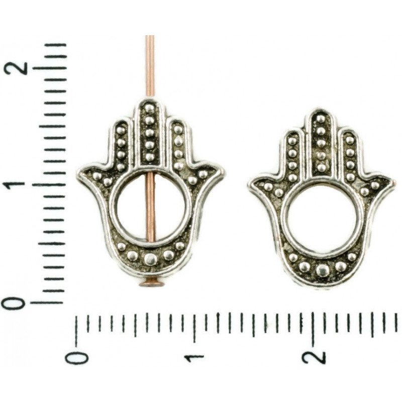 Tvarované oboustranné korálky Hamsa - Fátimina ruka stříbrný starožitný vzhled rozměry 13 mm x 16 mm 4 kusy