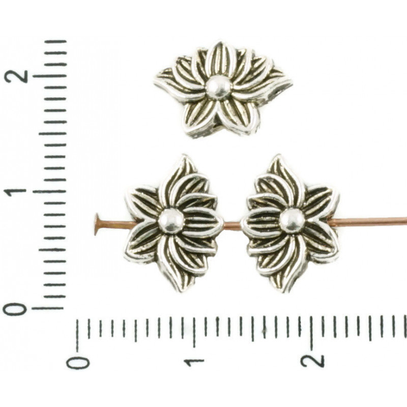 Kovové korálky stříbrný starožitný vzhled květina lotus oboustranné, rozměry 12 mm x 9 mm 14 kusů