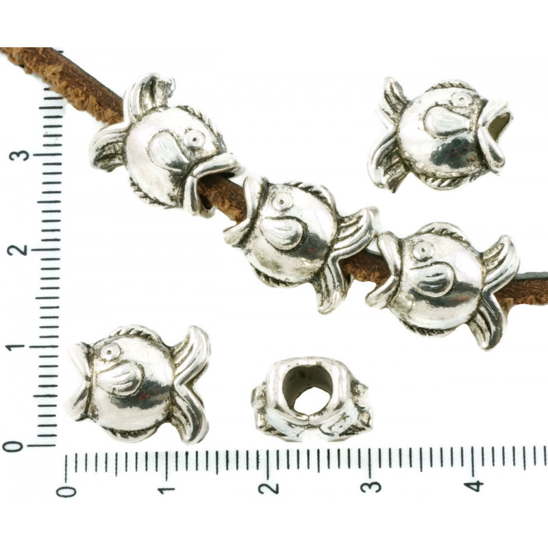 Kovové korálky kulaté, stříbrný starožitný vzhled s velkou dírkou Pandora styl ryba pro tvoření, náramky rozměry 15 mm x 12 mm