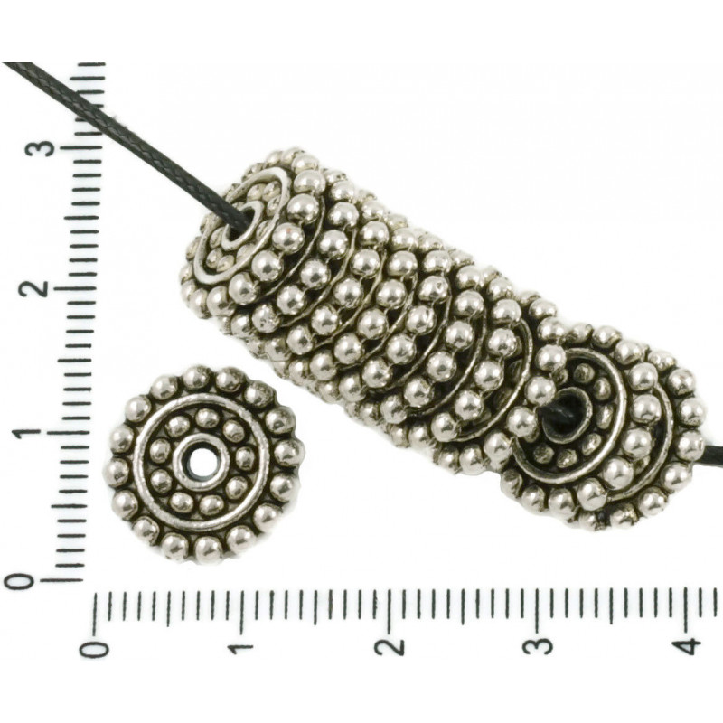 Ploché kulaté korálky stříbrné, zdobené, Bali starožitný vzhled rozměry 14 mm x 2 mm 10 kusů