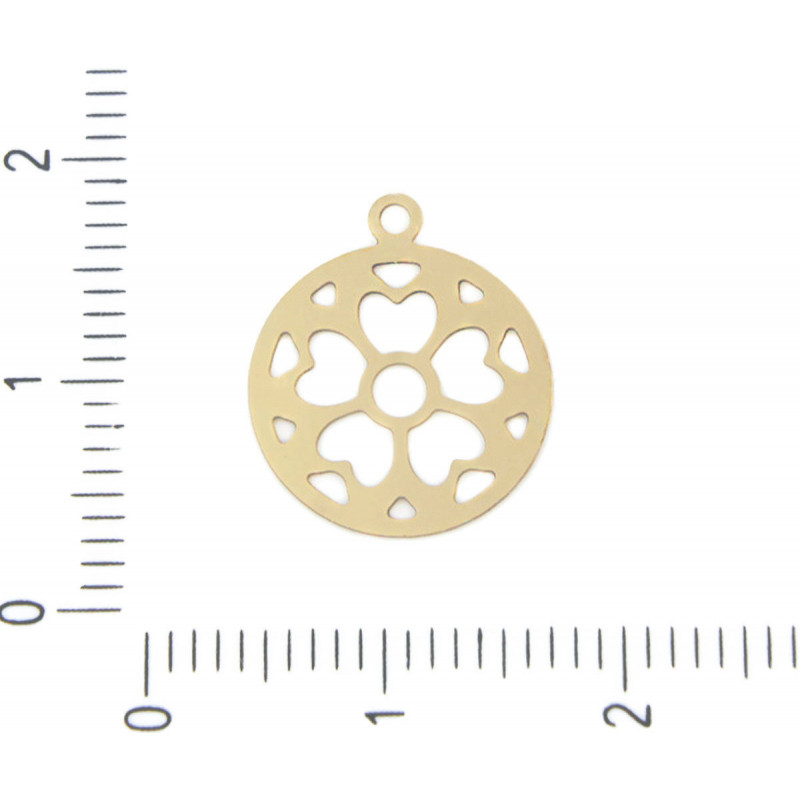 Kovový plochý přívěsek kulatý, nerezová ocel-hypoalergenní, vzhled vyřezávaná kytička filigrán velikost 13 mm 8 kusů