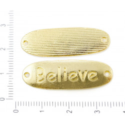 Kovový plíšek na náramky konektor s nápisem Believe se dvěma dírkami zlatý vzhled rozměry 34 mm x 12 mm x 2 mm 4 kusy