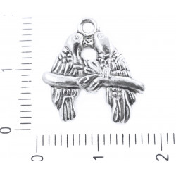 Kovový přívěsek ve tvaru dvou ptáčků, papoušci stříbrný starožitný vzhled rozměry 17 mm 12 kusů