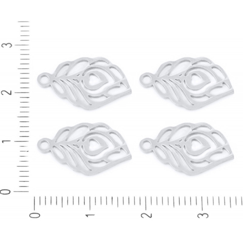 Kovový plochý přívěsek nerezová ocel-hypoalergenní, stříbrný vzhled paví peří, velikost 10 mm x 18 mm 2 kusy