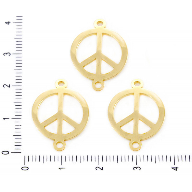 Kovový kulatý plochý konektor nerezová ocel symbol míru - Peace se dvěma dírkami velikost 16 mm x 22 mm 2 kusy