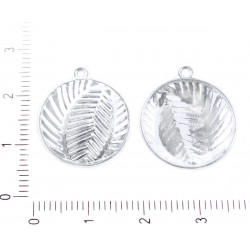 Kovový kulatý plochý přívěsek poplatinovaný, palmový list velikost 20, 5 mm x 18 mm dírka 1, 2 mm 4 kusy