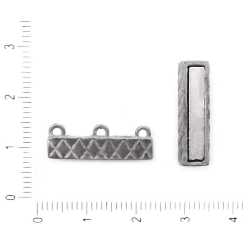 Kovová koncovka na ploché řetízky kožené řemínky stužky se třemi očky starožitný stříbrný vzhled rozměry 14 x 21 x 6mm otvor 1