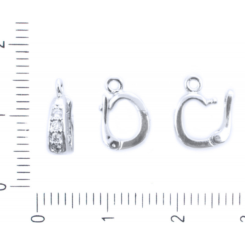 Kovové náušnicové háčky stříbrné, se zirkony a očkem rozměry 3 mm x 10 mm x 7 mm očko 1 mm 1 kus