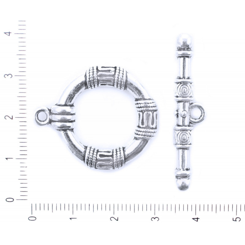 Kovová stříbrná koncovka zapínání na řetízky náramky náhrdelníky starožitný vzhled průměr kroužku 25 mm délka tyčinky 39 mm 2