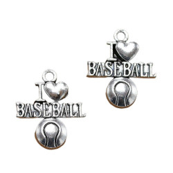 Kovový přívěsek se sportovním motivem I love Baseball stříbrný starožitný vzhled velikost 22 mm x 19 mm dírka 1, 5 mm 6 kusů