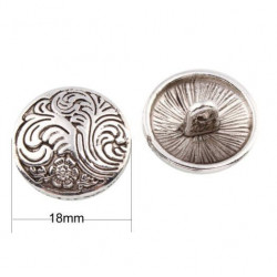 Kovový kulatý knoflík stříbrný starožitný vzhled květinový motiv rozměry 18 mm x 8 mm dírka 1, 5 mm 4 kusy