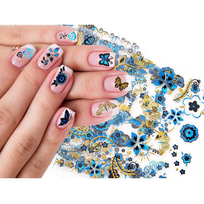 Super Sada 15 Různých Listů Zlata Modrá, Svatba Svátek Květinový, Květ Motýl 3d Nail Art Samolepící Nálepky Nášivka