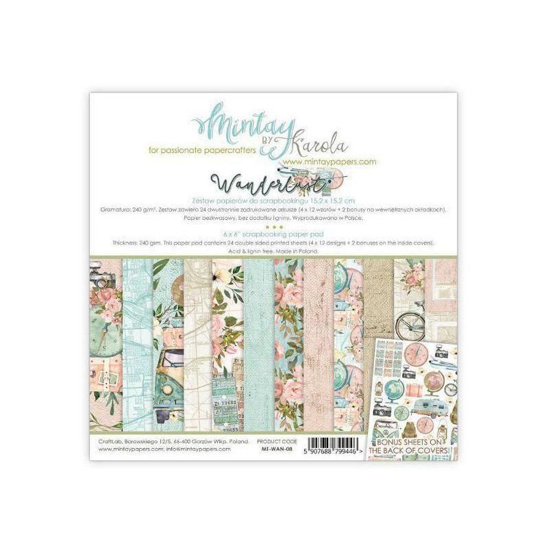 Sada Oboustranných Papírů Mintay Wanderlust 15x15cm (24ks) Wan-08 Mintay By Karola Papíry Potiskem Scrapbooking