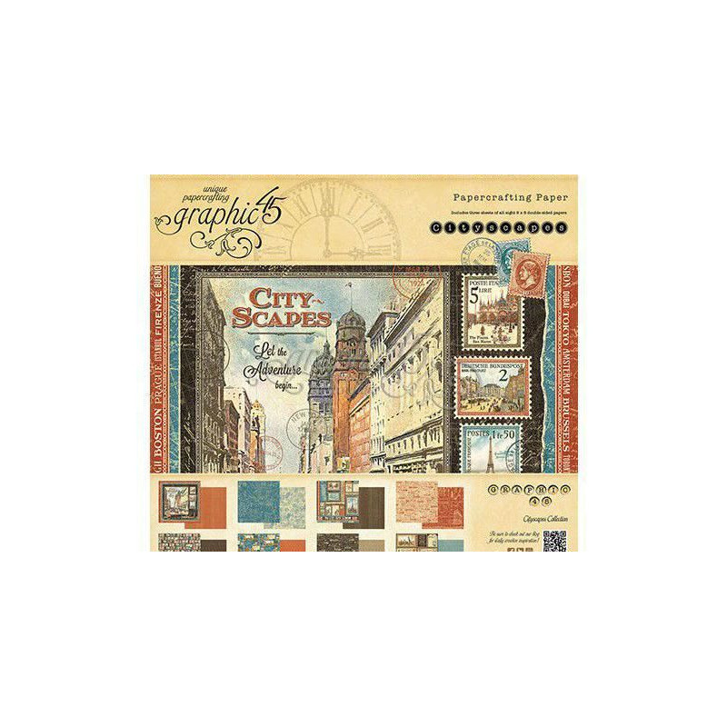 Sada Oboustranných Papírů 20x20 Cm (24ks) Cityscapes Graphic 45 Papíry Potiskem Scrapbooking