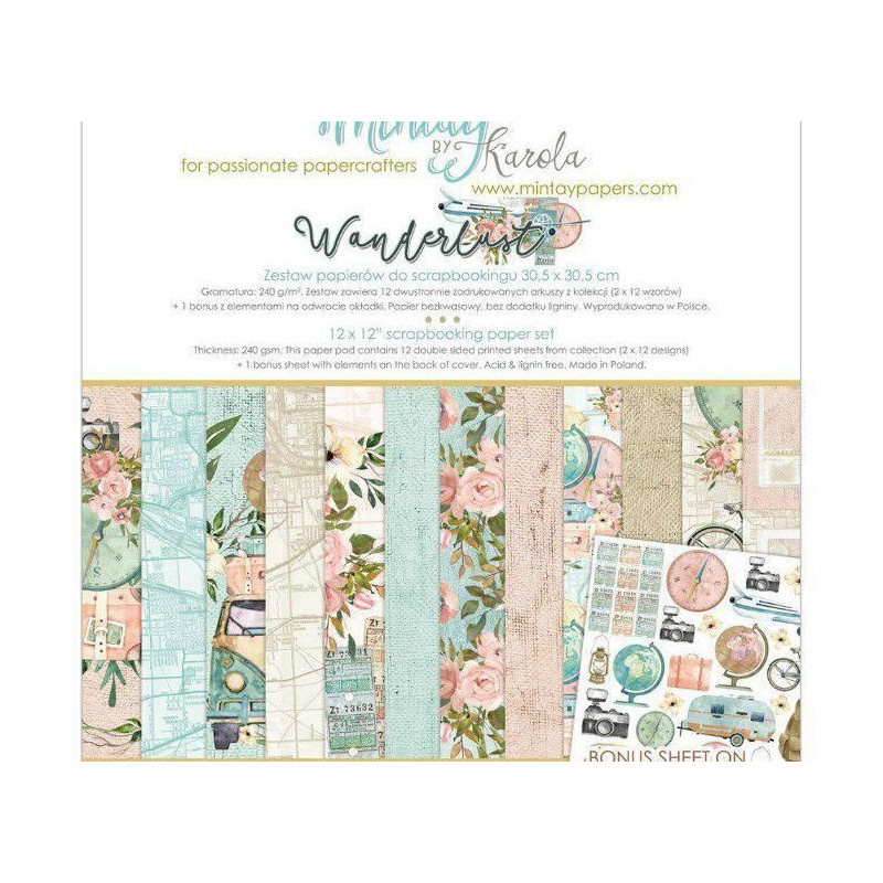 Sada Oboustranných Papírů Mintay Wanderlust 30x30cm (12ks) Wan-07 Mintay By Karola Papíry Sady Potiskem Scrapbooking