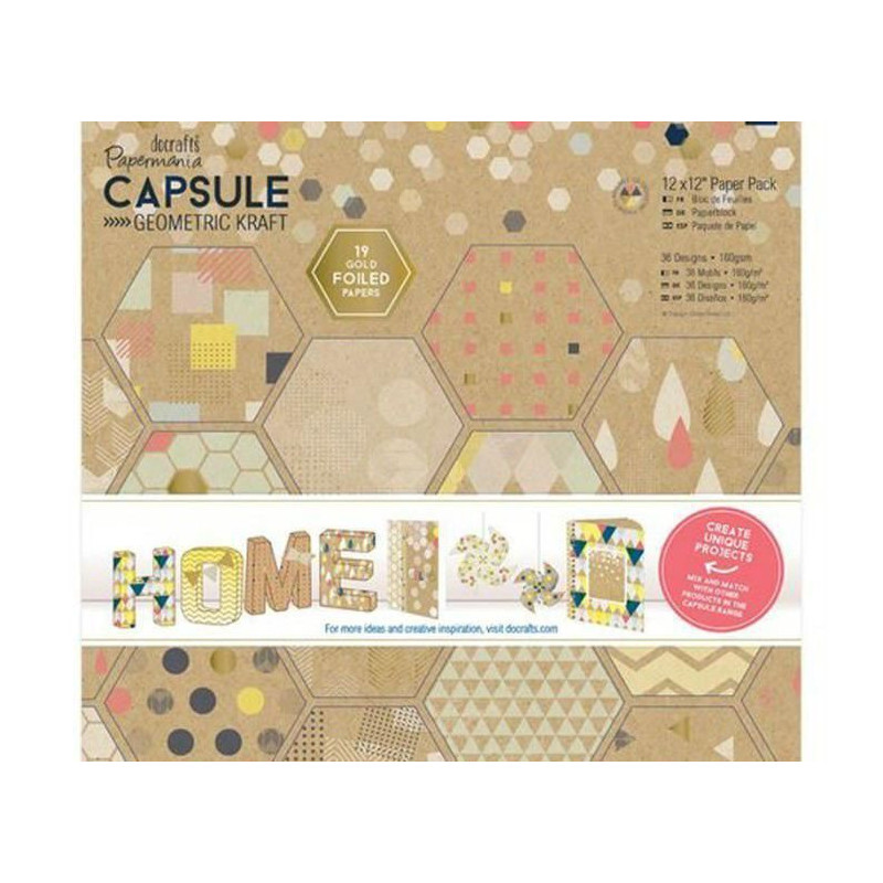 Sada Papírů 30x30cm Capsule - Geometric Kraft 160g/m2 (36ks), Docrafts Kartonový, Papíry Speciální, Scrapbooking