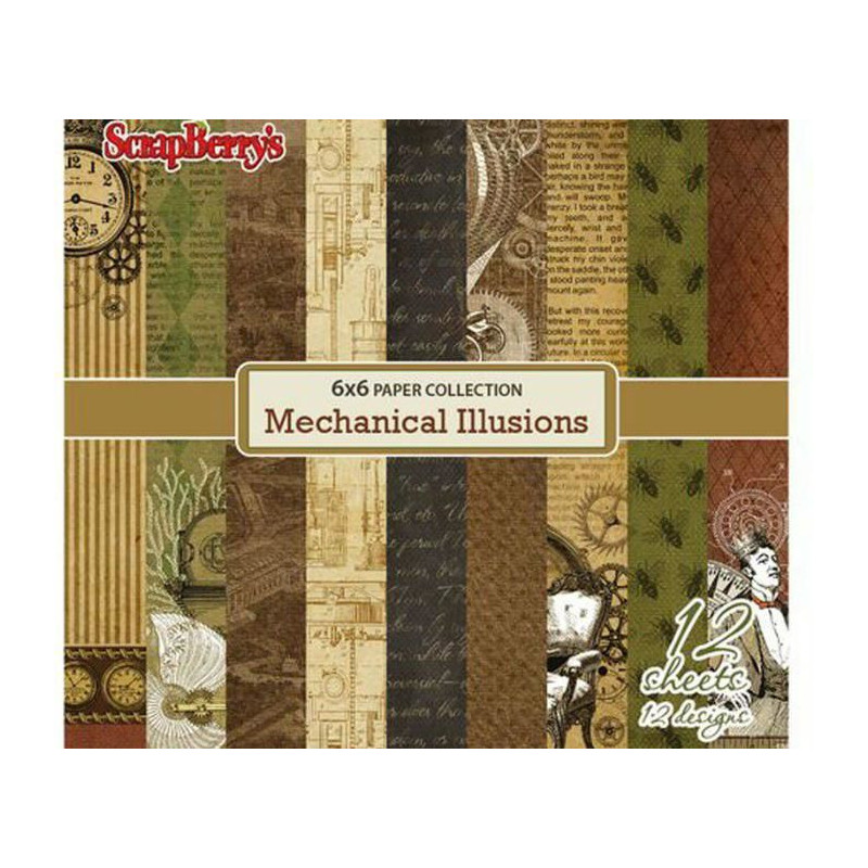 Set Papírů (12ks) 190g/m2 - Mechanical Illusions Scrapberrys Papíry 15 x 15 Cm Potiskem Scrapbooking