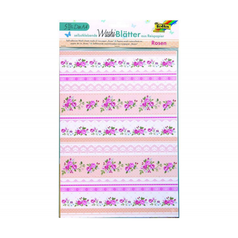 Washi Tape - Rýžové Listy A4 - 5 Samolepících Listů V 5ti Motivech - Růže Folia Bringmann