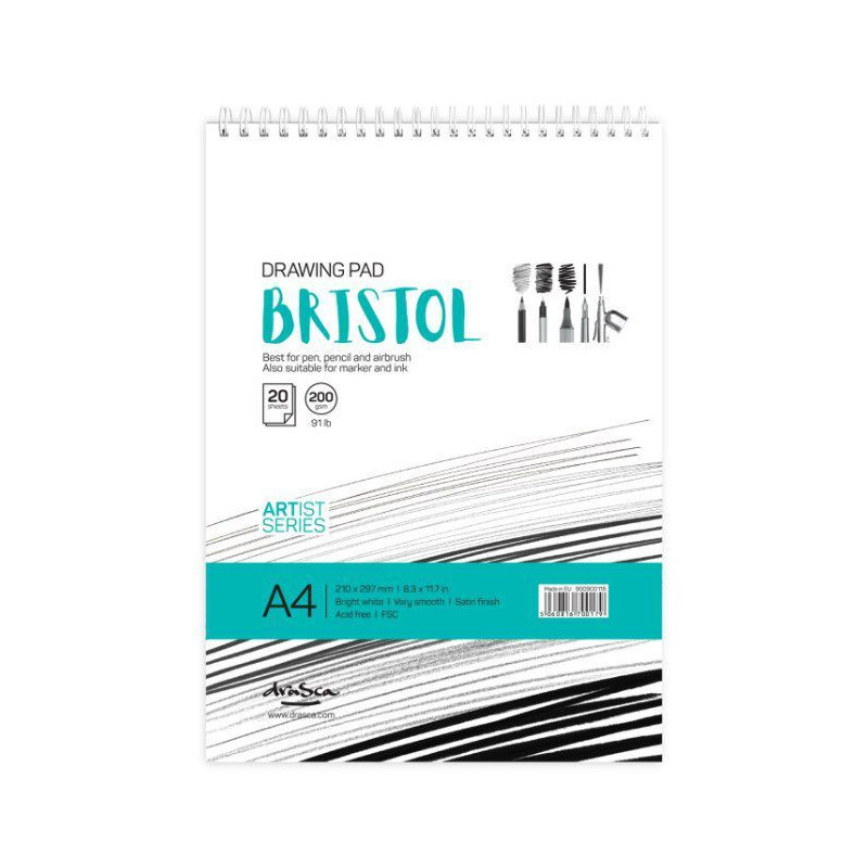 Skicák Kroužkový Drawing Pad Bristol Bílý (200G/M 20 Listů) A4 Drasca Art Eood Fixy Kresba - Suché Techniky Skicáky Výtvarné