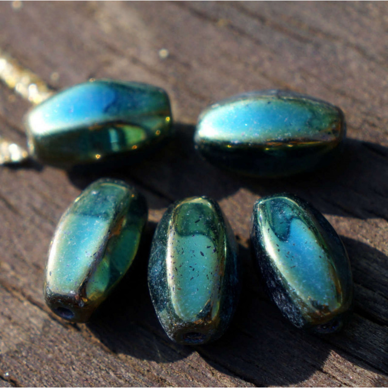 Metallic Iris Green české Skleněné Ploškované Ovál Trubka Korálky Českého 12mm x 6mm 20ks