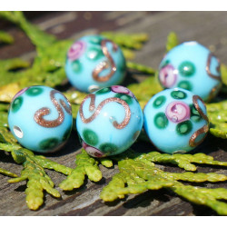 Neprůhledné Tyrkysová Zlatá Květina Vinuté Perle Grace Lampwork Korálky Pár české Ručně vyráběné Skleněné Korálky SRA Řemeslník